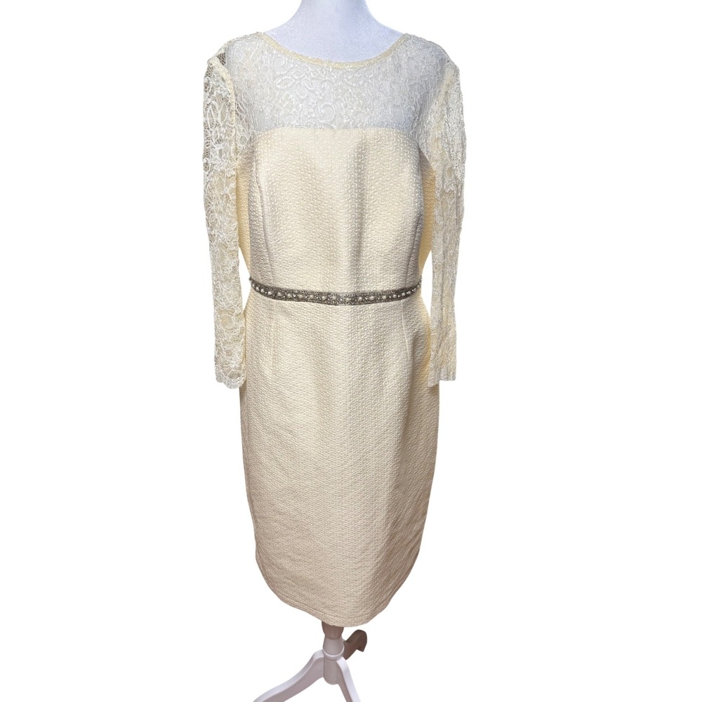 Sonia Pena Lace Sheath Dress Womens 16 Ivory Beaded Waist Formal Event MSRP $450
